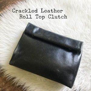 Black Crackled Leather Roll Top Clutch by ZARA